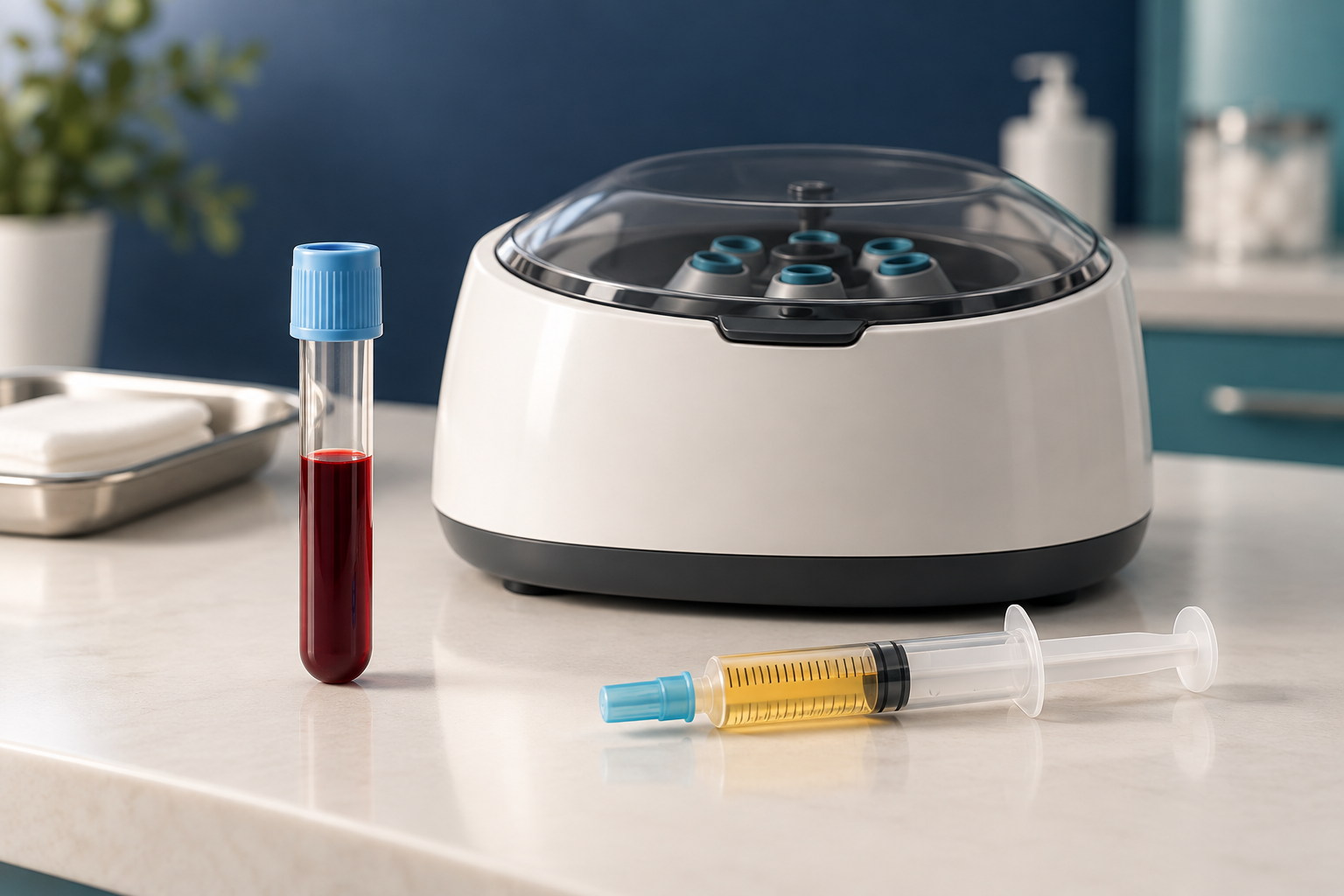 Illustration of blood collection and PRP preparation equipment.
